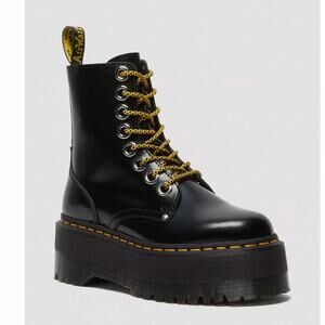 Dr. Martens Black Leather Platform Lace-Up Ankle Boots with Yellow Accents